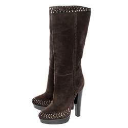 Pre Owned Jimmy Choo Brown Suede Studded Wide Calf Length Platform Boots Size 37