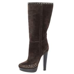 Pre Owned Jimmy Choo Brown Suede Studded Wide Calf Length Platform Boots Size 37