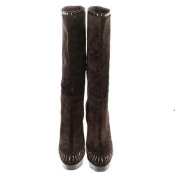 Pre Owned Jimmy Choo Brown Suede Studded Wide Calf Length Platform Boots Size 37