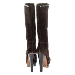 Pre Owned Jimmy Choo Brown Suede Studded Wide Calf Length Platform Boots Size 37