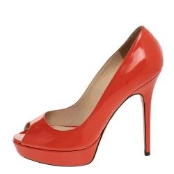 Pre Owned Jimmy Choo Orange Patent Leather Peep Toe Platform Pumps Size 38