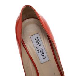 Pre Owned Jimmy Choo Orange Patent Leather Peep Toe Platform Pumps Size 38