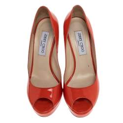 Pre Owned Jimmy Choo Orange Patent Leather Peep Toe Platform Pumps Size 38