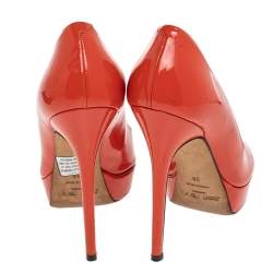 Pre Owned Jimmy Choo Orange Patent Leather Peep Toe Platform Pumps Size 38