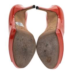 Pre Owned Jimmy Choo Orange Patent Leather Peep Toe Platform Pumps Size 38