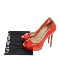 Pre Owned Jimmy Choo Orange Patent Leather Peep Toe Platform Pumps Size 38