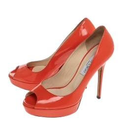 Pre Owned Jimmy Choo Orange Patent Leather Peep Toe Platform Pumps Size 38
