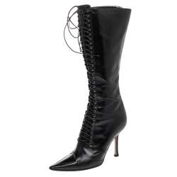 Louis Vuitton Black Leather Lace Up Knee-High Flat Boots Size 6.5/37 -  Yoogi's Closet