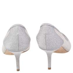 Pre Owned Jimmy Choo Silver/White Mesh and Glitter Fabric Tulle Love Pumps Size 39.5