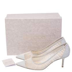 Pre Owned Jimmy Choo Silver/White Mesh and Glitter Fabric Tulle Love Pumps Size 39.5