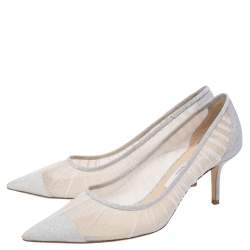 Pre Owned Jimmy Choo Silver/White Mesh and Glitter Fabric Tulle Love Pumps Size 39.5