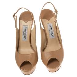 Pre Owned صندل جيمي تشو نوفا جلد بيج نعل سميك مقدمة مفتوحة حزام للكاحل مقاس 38