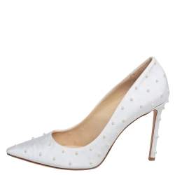 مملوكة مسبقًا Jimmy Choo White Canvas Romy Pearl Embellished Pointed Toe Pumps 39.5