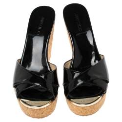 مملوكة مسبقًا صندل جيمي تشو كعب روكي فيلين برفيوم جلد لامع أسود مقاس 39