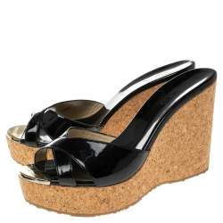 مملوكة مسبقًا صندل جيمي تشو كعب روكي فيلين برفيوم جلد لامع أسود مقاس 39