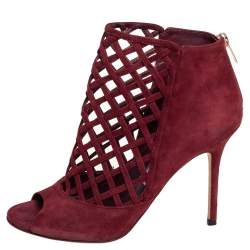 Pre Owned حذاء بوت جيمي تشو مقدمة مفتوحة قصة دريفت سويدي عنابي مقاس 39