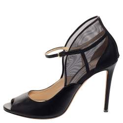 Pre Owned Jimmy Choo Black Leather And Mesh Trudie Peep Toe Ankle Strap Pumps Size 39