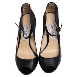 Pre Owned Jimmy Choo Black Leather And Mesh Trudie Peep Toe Ankle Strap Pumps Size 39