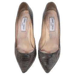 مملوكة مسبقًا حذاء كعب عالي جيمي تشو جلد ثعبان الماء رصاصي مقدمة مدببة مقاس 39.5