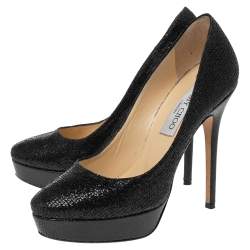 Pre Owned Jimmy Choo Black Glitter and Leather Cosmic Platform Pumps Size 36.5