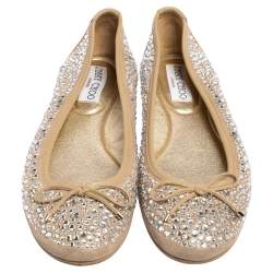 Pre Owned حذاء باليرينا فلات جيمي تشو ويبر سويدي بيج مزخرف بالكريستال مقاس 36.5