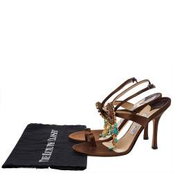 Pre Owned Jimmy Choo Brown Satin Embellished Ankle Strap Sandals Size 38.5