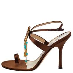 Pre Owned Jimmy Choo Brown Satin Embellished Ankle Strap Sandals Size 38.5
