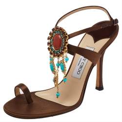 Pre Owned Jimmy Choo Brown Satin Embellished Ankle Strap Sandals Size 38.5