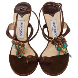 Pre Owned Jimmy Choo Brown Satin Embellished Ankle Strap Sandals Size 38.5