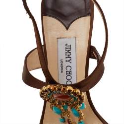 Pre Owned Jimmy Choo Brown Satin Embellished Ankle Strap Sandals Size 38.5