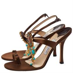Pre Owned Jimmy Choo Brown Satin Embellished Ankle Strap Sandals Size 38.5