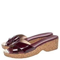 Pre Owned Jimmy Choo Dark Red Patent Leather Panna Cork Slides Size 41