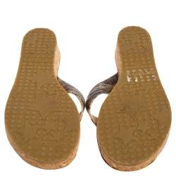 Pre Owned Jimmy Choo Beige Croc Embossed Leather Thong Wedge Sandals Size 38