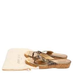 Pre Owned Jimmy Choo Beige Croc Embossed Leather Thong Wedge Sandals Size 38