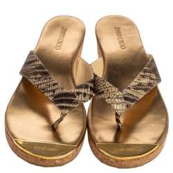 Pre Owned Jimmy Choo Beige Croc Embossed Leather Thong Wedge Sandals Size 38