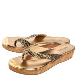 Pre Owned Jimmy Choo Beige Croc Embossed Leather Thong Wedge Sandals Size 38