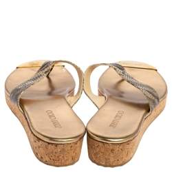 Pre Owned Jimmy Choo Beige Croc Embossed Leather Thong Wedge Sandals Size 38