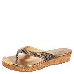Pre Owned Jimmy Choo Beige Croc Embossed Leather Thong Wedge Sandals Size 38