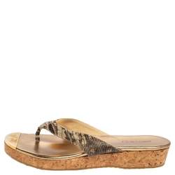 Pre Owned Jimmy Choo Beige Croc Embossed Leather Thong Wedge Sandals Size 38