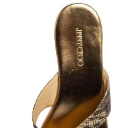 Pre Owned Jimmy Choo Beige Croc Embossed Leather Thong Wedge Sandals Size 38