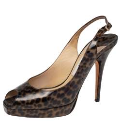Jimmy Choo Black/Beige Leopard Print Patent Leather Platform Slingback Sandals Size 37