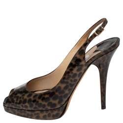 Jimmy Choo Black/Beige Leopard Print Patent Leather Platform Slingback Sandals Size 37