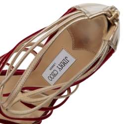 مملوكة مسبقًا صندل جيمي تشو موري جلد وقطيفة ذهبي/أحمر بسيور مقاس 40