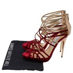 مملوكة مسبقًا صندل جيمي تشو موري جلد وقطيفة ذهبي/أحمر بسيور مقاس 40