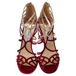 مملوكة مسبقًا صندل جيمي تشو موري جلد وقطيفة ذهبي/أحمر بسيور مقاس 40