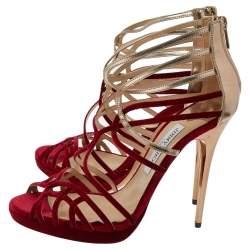 مملوكة مسبقًا صندل جيمي تشو موري جلد وقطيفة ذهبي/أحمر بسيور مقاس 40