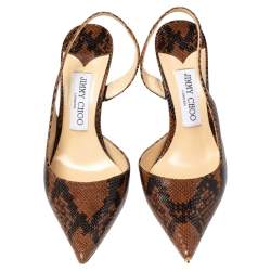 Pre Owned صندل جيمي تشو جلد نقشة الثعبان بني مقدمة مدببة بحزام للكاحل مقاس 36