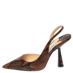 Pre Owned صندل جيمي تشو جلد نقشة الثعبان بني مقدمة مدببة بحزام للكاحل مقاس 36