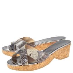 مملوكة مسبقًا صندل جيمي تشو بانا جلد نقشة الثعبان رصاصي كعب روكي فليني مقاس 40