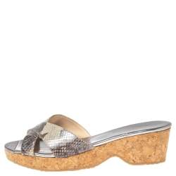 مملوكة مسبقًا صندل جيمي تشو بانا جلد نقشة الثعبان رصاصي كعب روكي فليني مقاس 40